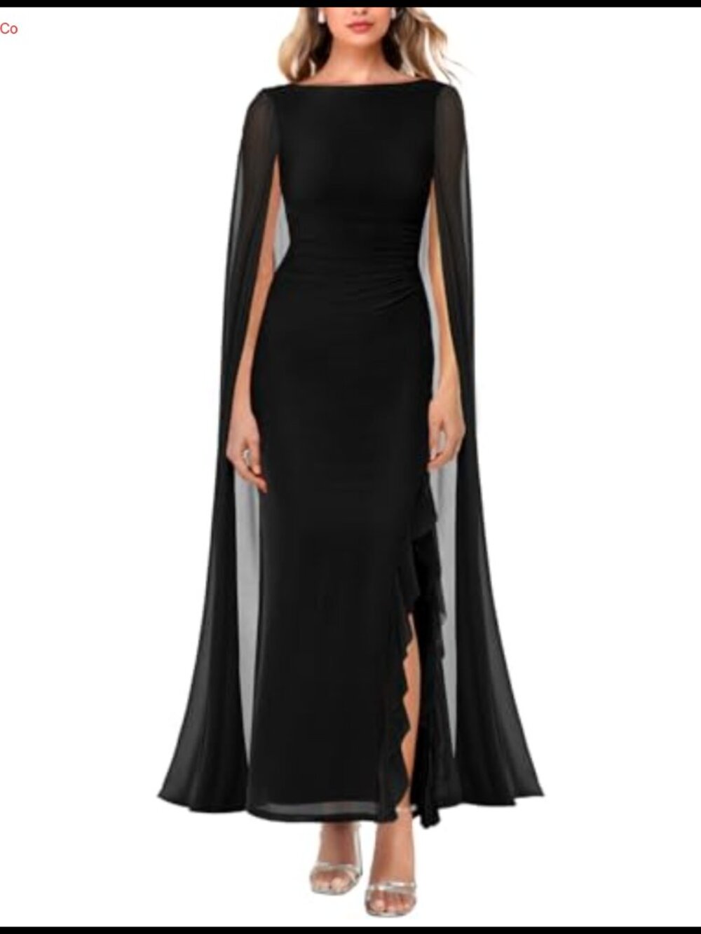 Women's Formal Maxi Dress Long Sleeve High Split Ruffle Cape Wedding Guest